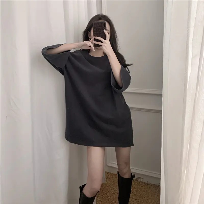 Women Loose Midi Top Yellow Round Neck Short Sleeve — feature 63