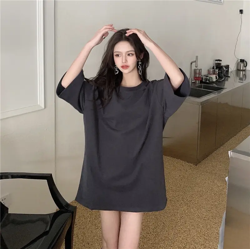 Women Loose Midi Top Yellow Round Neck Short Sleeve — feature 67