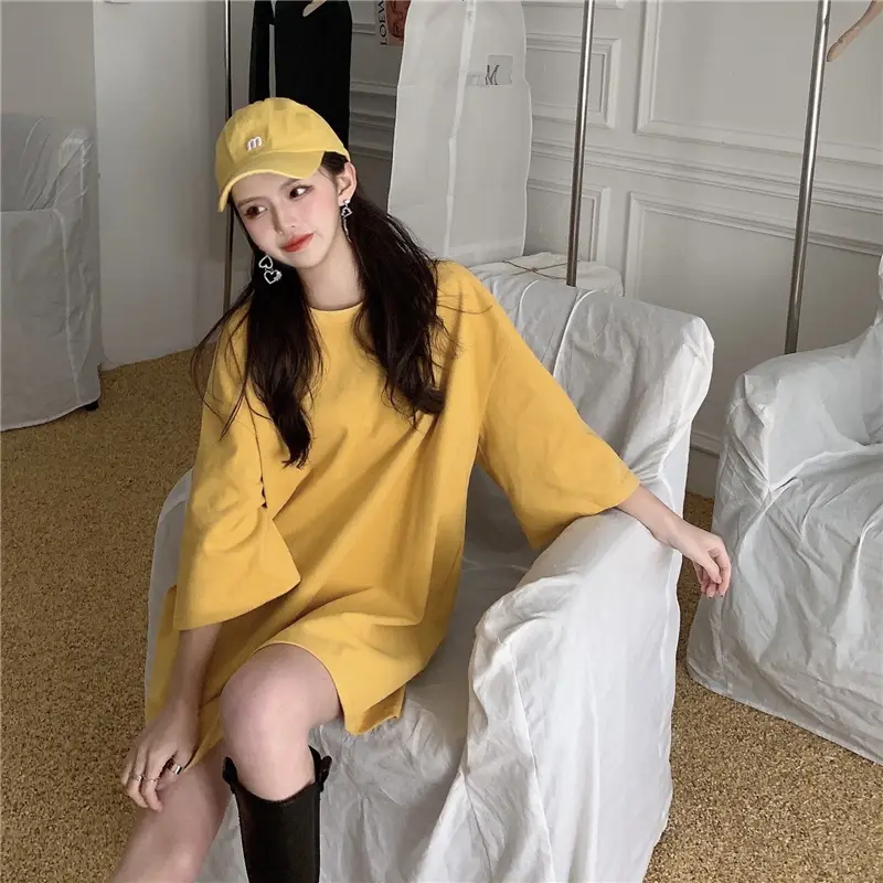 Women Loose Midi Top Yellow Round Neck Short Sleeve — feature 7