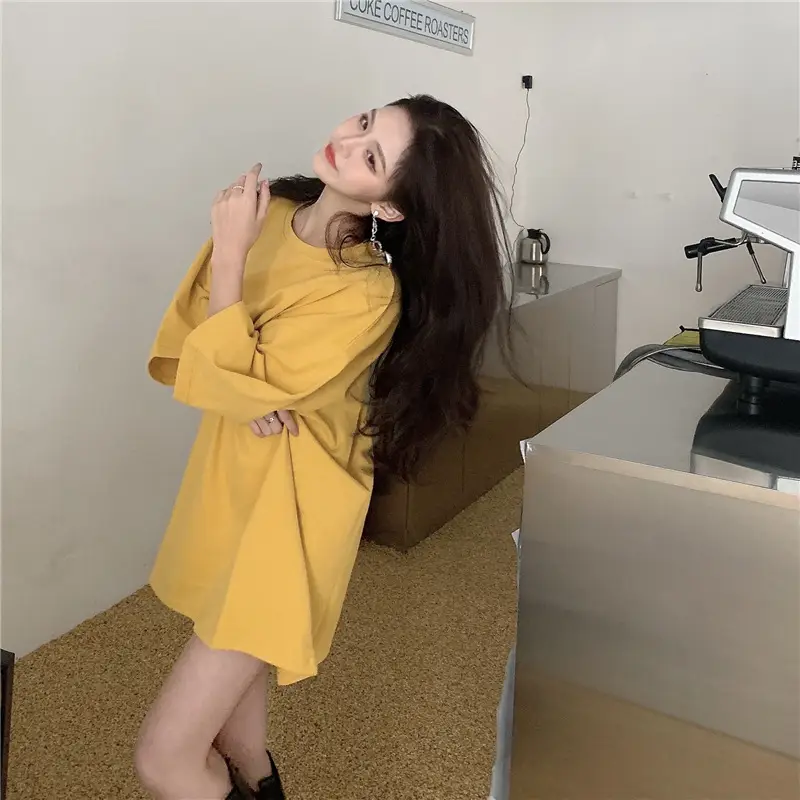 Women Loose Midi Top Yellow Round Neck Short Sleeve — feature 8