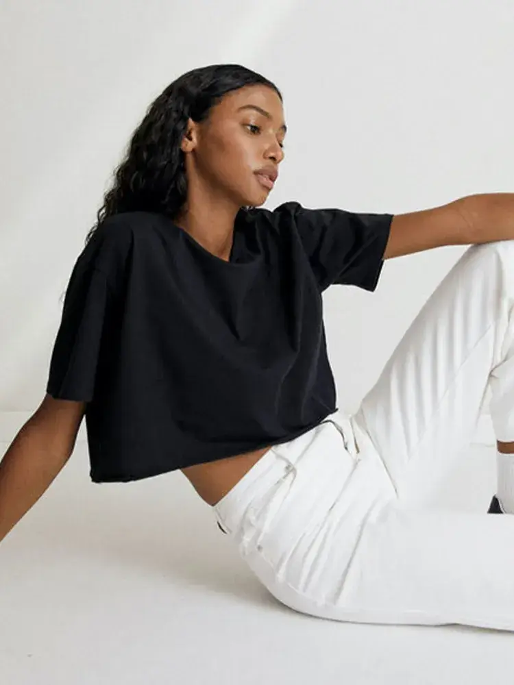 Women Pure Cotton Short Sleeve T-Shirt Black White - Image 6