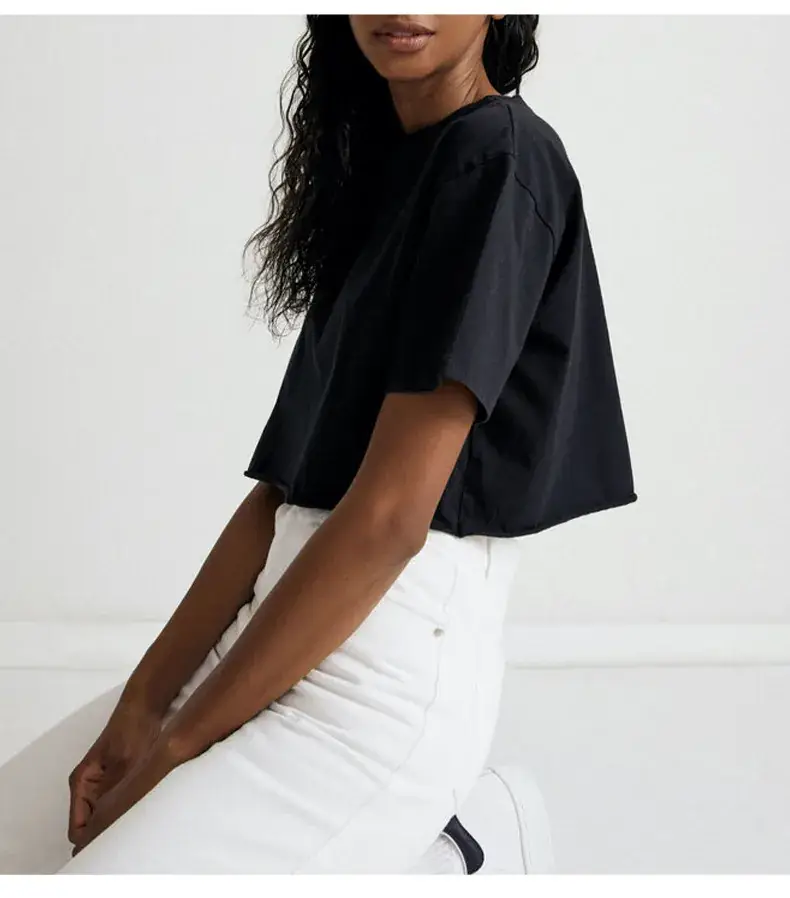 Women Pure Cotton Short Sleeve T-Shirt Black White — feature 12