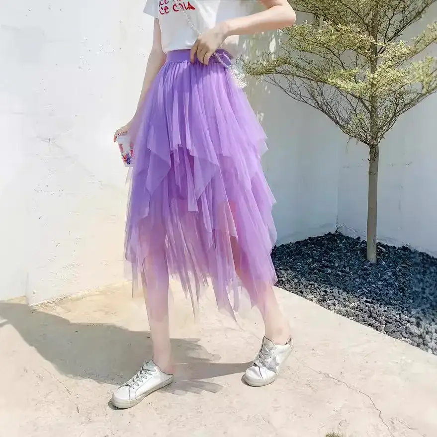 Purple Mesh Veil Skirt Women Mid Length High Waist - Image 25