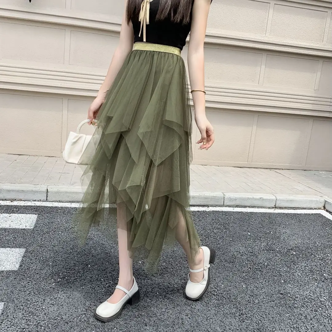 Purple Mesh Veil Skirt Women Mid Length High Waist — feature 14