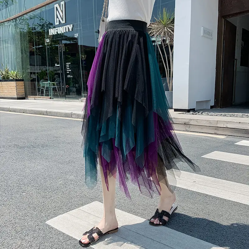 Purple Mesh Veil Skirt Women Mid Length High Waist — feature 18