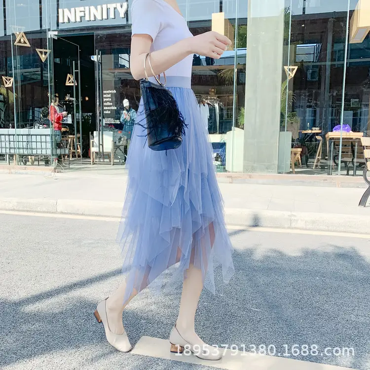 Purple Mesh Veil Skirt Women Mid Length High Waist — feature 5
