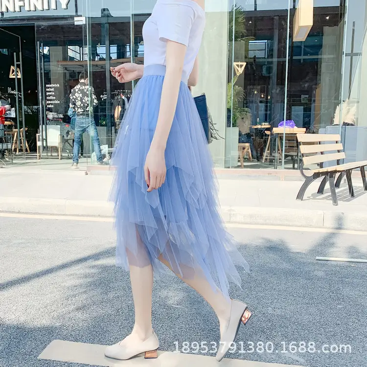 Purple Mesh Veil Skirt Women Mid Length High Waist — feature 6