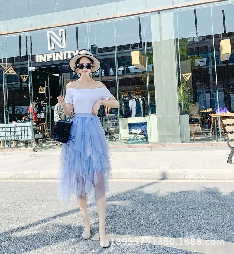 Purple Mesh Veil Skirt Women Mid Length High Waist — feature 7