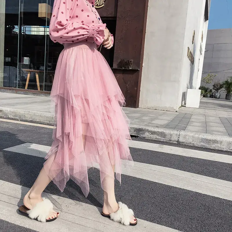 Purple Mesh Veil Skirt Women Mid Length High Waist - Image 2