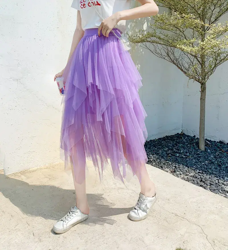 Purple Mesh Veil Skirt Women Mid Length High Waist - Image 7