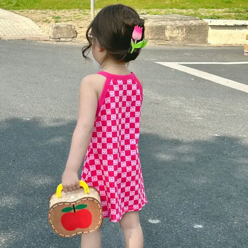 Girls Pink Checkered Sleeveless Skirt 2025 Summer - Image 3
