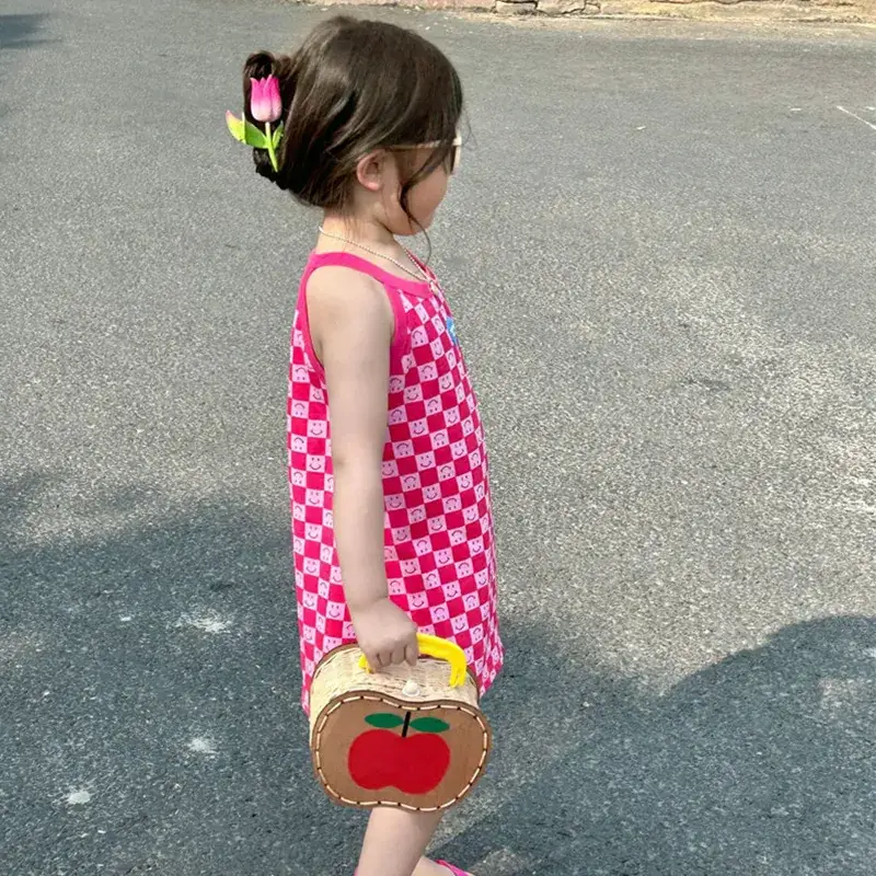 Girls Pink Checkered Sleeveless Skirt 2025 Summer - Image 4