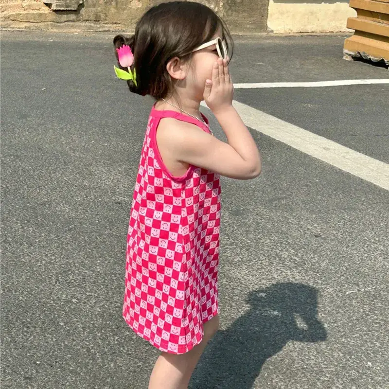 Girls Pink Checkered Sleeveless Skirt 2025 Summer - Image 5