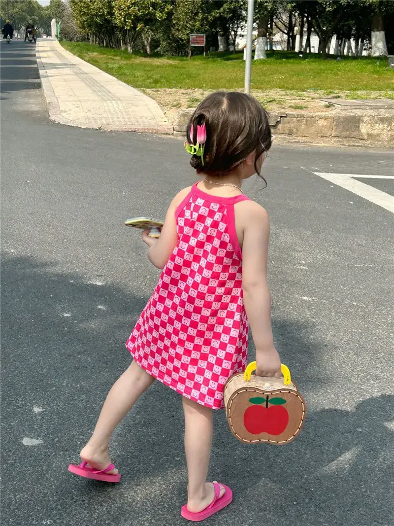 Girls Pink Checkered Sleeveless Skirt 2025 Summer — feature 10