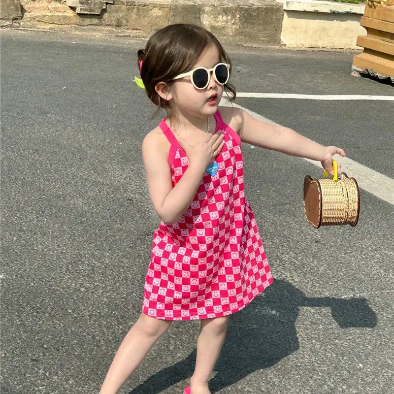 Girls Pink Checkered Sleeveless Skirt 2025 Summer — feature 3