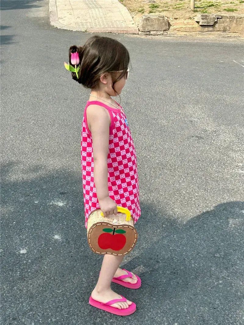 Girls Pink Checkered Sleeveless Skirt 2025 Summer — feature 4