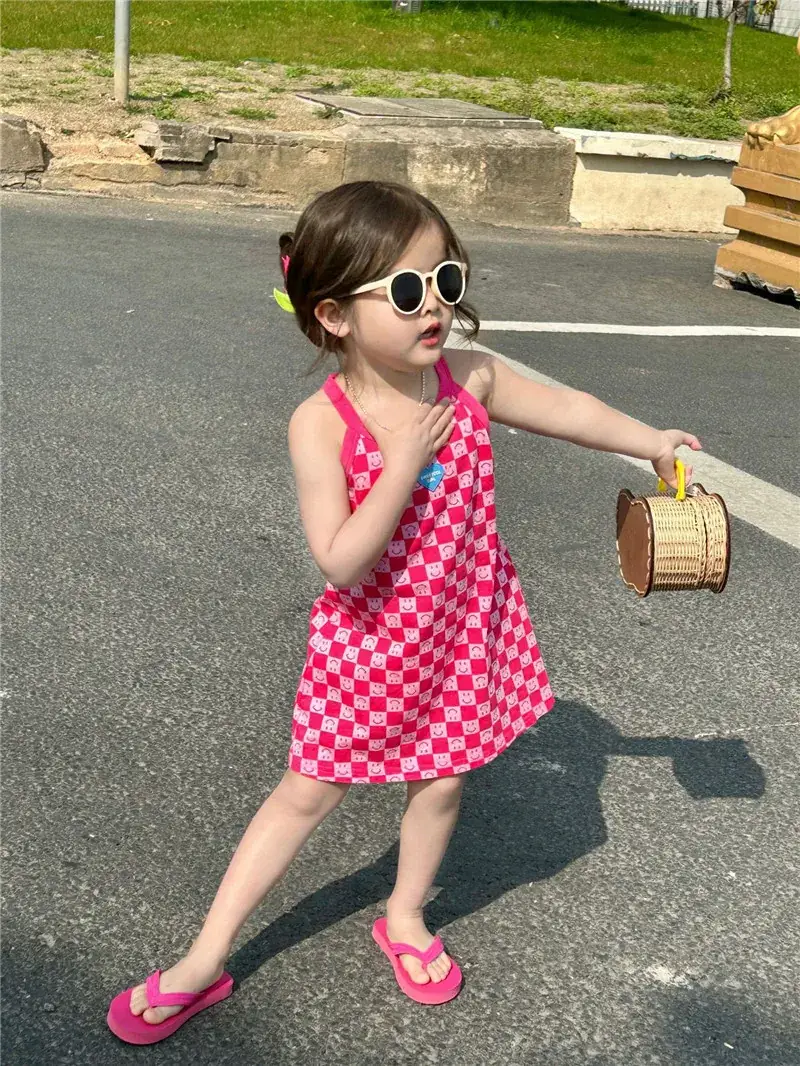 Girls Pink Checkered Sleeveless Skirt 2025 Summer — feature 6