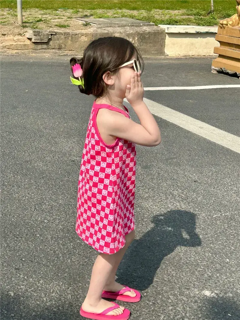 Girls Pink Checkered Sleeveless Skirt 2025 Summer — feature 7