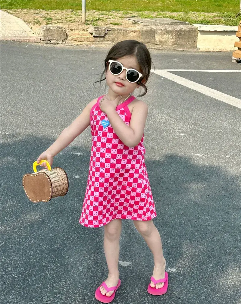 Girls Pink Checkered Sleeveless Skirt 2025 Summer — feature 8