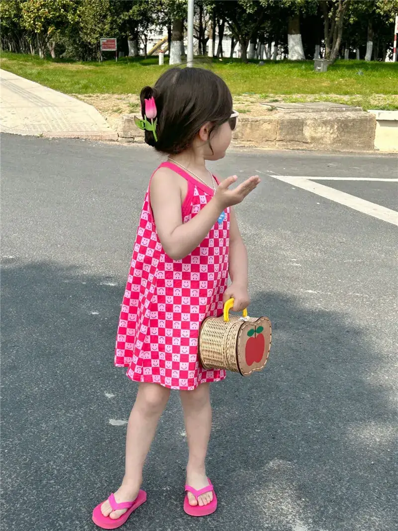 Girls Pink Checkered Sleeveless Skirt 2025 Summer — feature 9