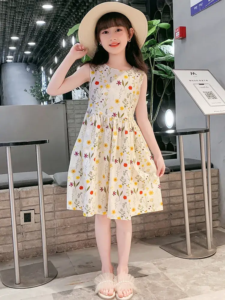 Girls Floral Cotton Dress Belt Waist Summer Dress - Image 3