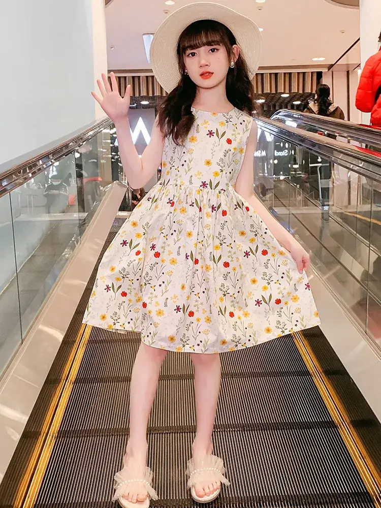 Girls Floral Cotton Dress Belt Waist Summer Dress - Image 4