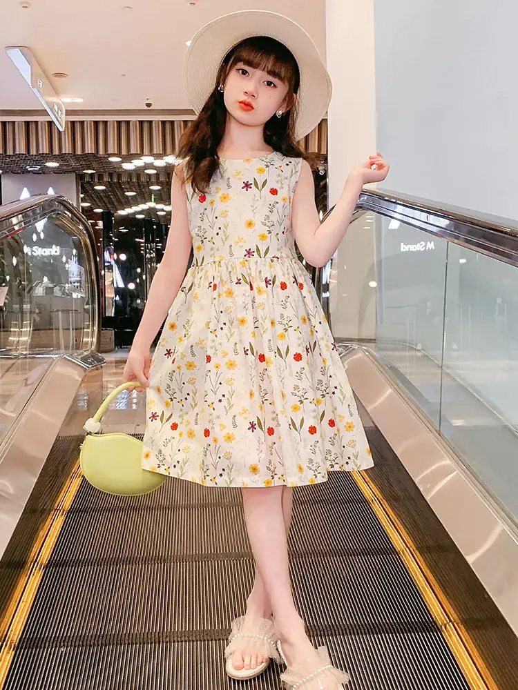 Girls Floral Cotton Dress Belt Waist Summer Dress - Image 5