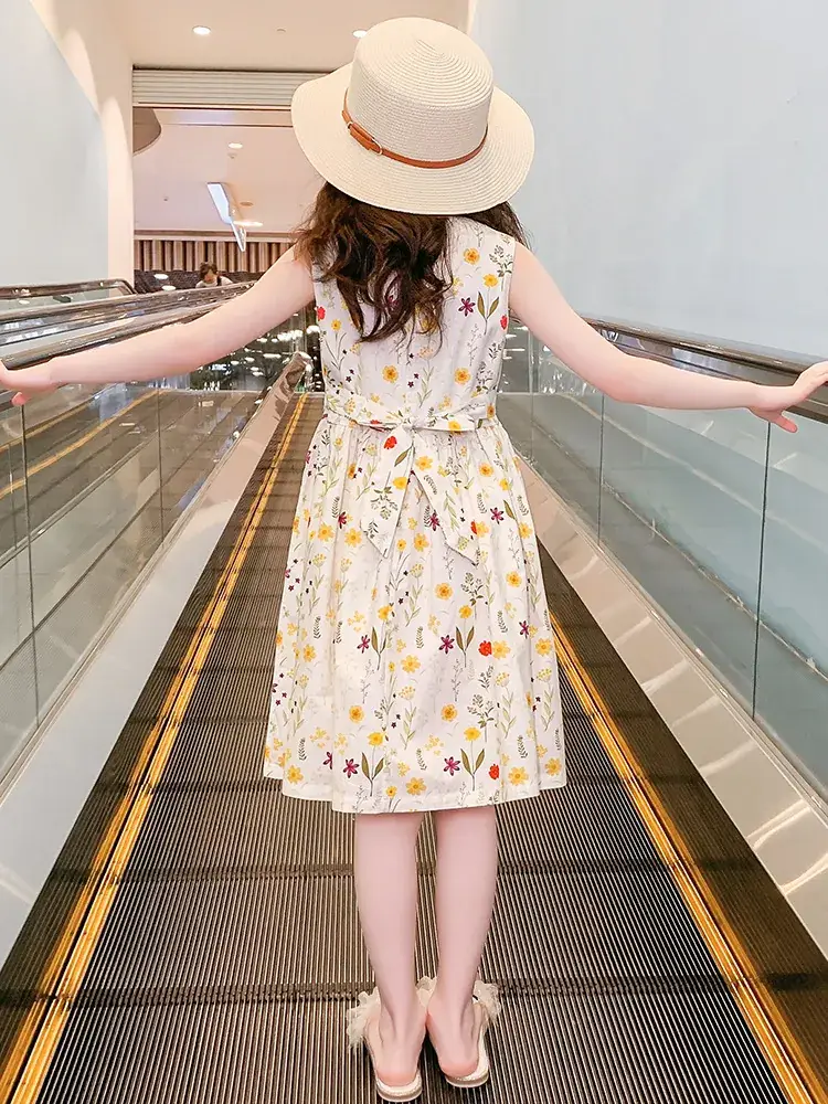 Girls Floral Cotton Dress Belt Waist Summer Dress - Image 6