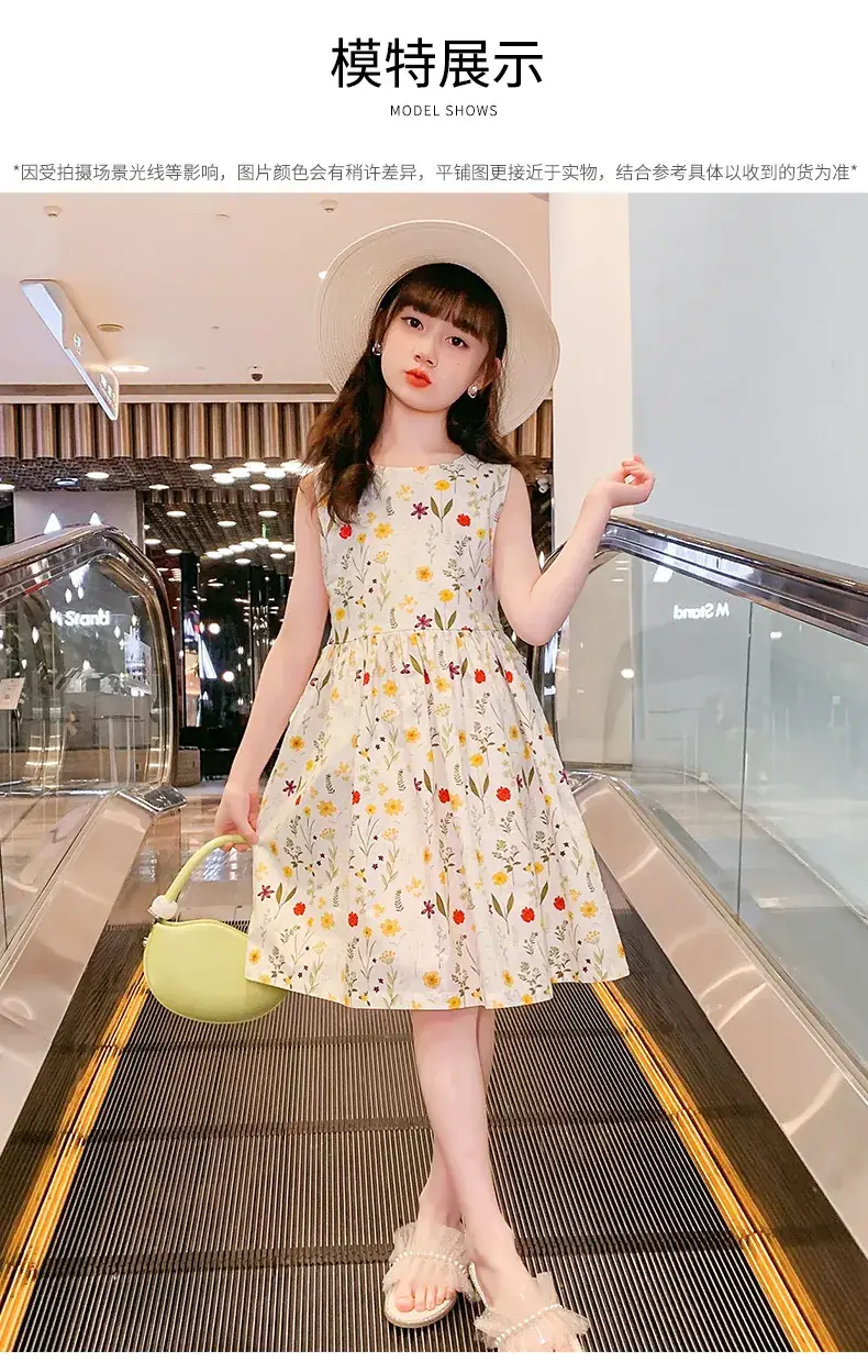 Girls Floral Cotton Dress Belt Waist Summer Dress — feature 12