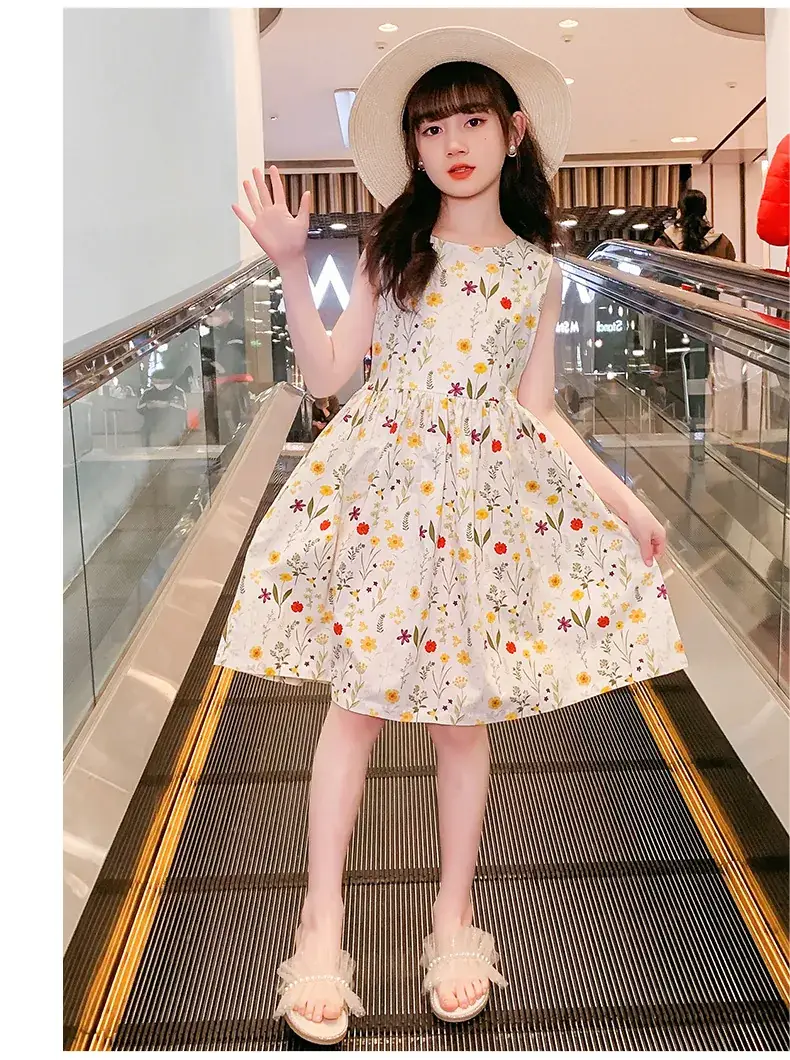 Girls Floral Cotton Dress Belt Waist Summer Dress — feature 13