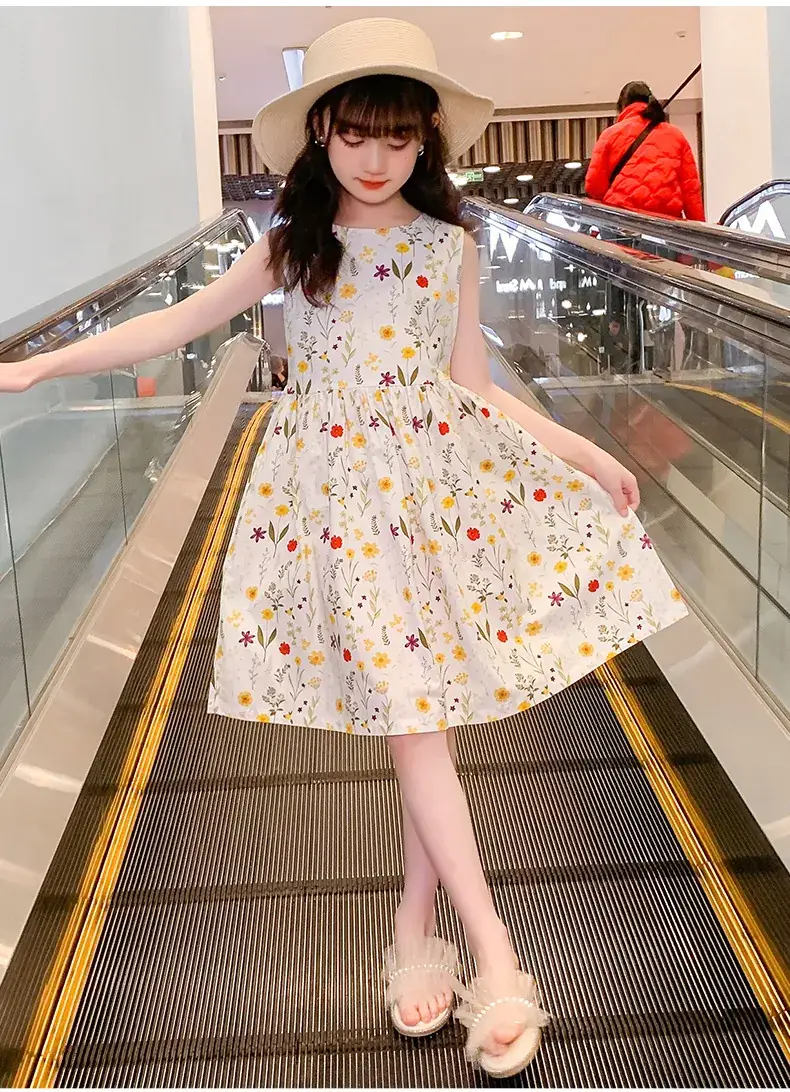 Girls Floral Cotton Dress Belt Waist Summer Dress — feature 14