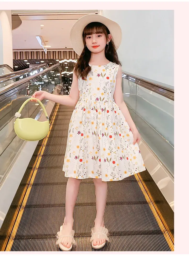 Girls Floral Cotton Dress Belt Waist Summer Dress — feature 15