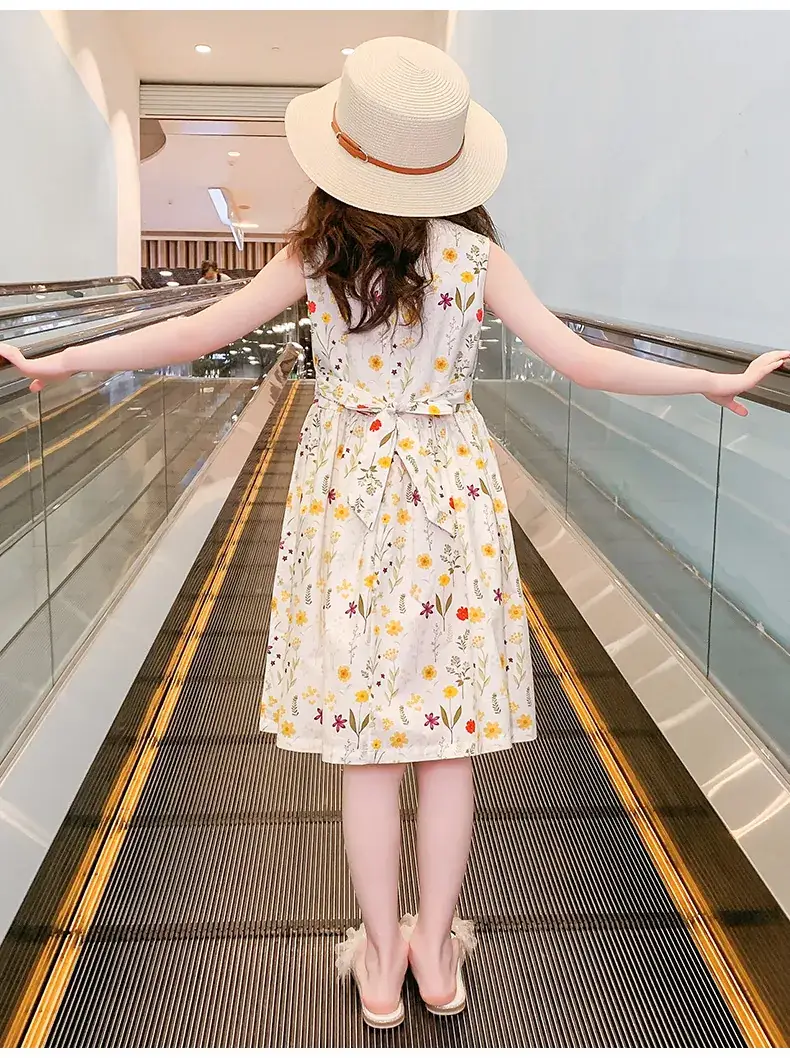 Girls Floral Cotton Dress Belt Waist Summer Dress — feature 16