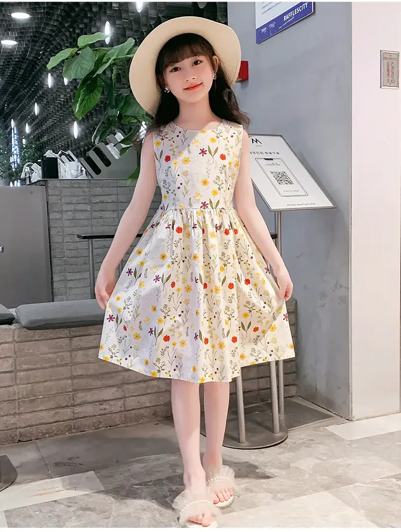 Girls Floral Cotton Dress Belt Waist Summer Dress — feature 17