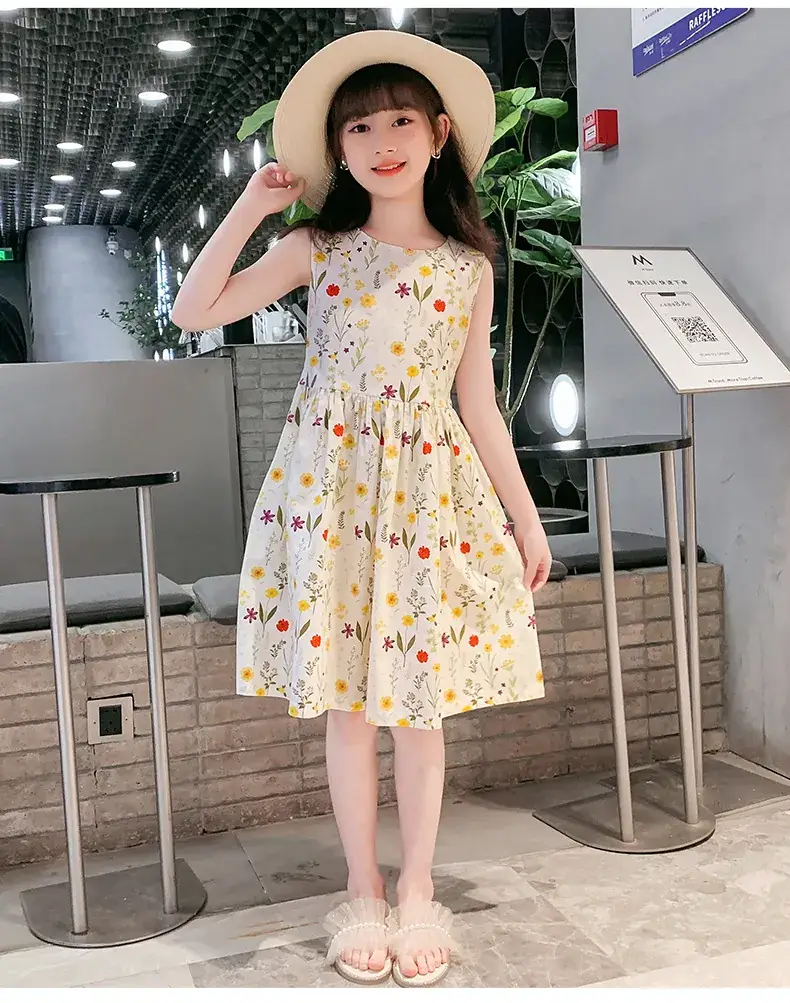 Girls Floral Cotton Dress Belt Waist Summer Dress — feature 18