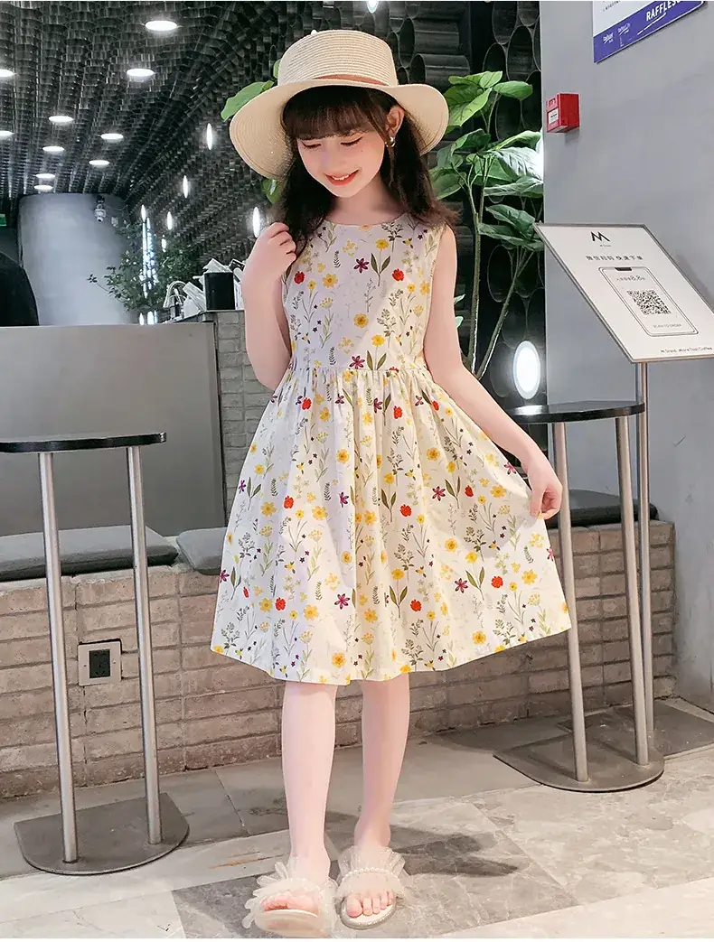 Girls Floral Cotton Dress Belt Waist Summer Dress — feature 19