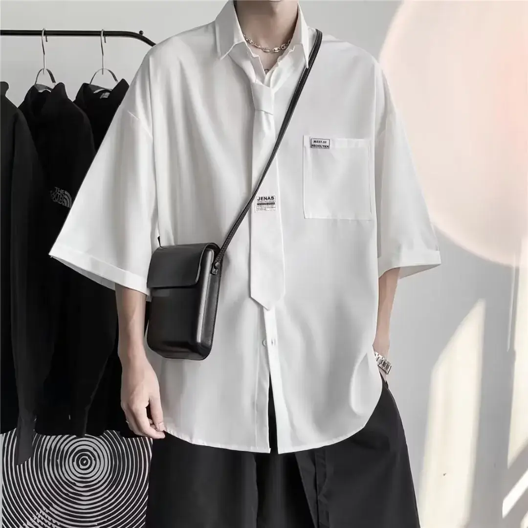 White Japanese Style Half Sleeve Shirt for Men - Image 4