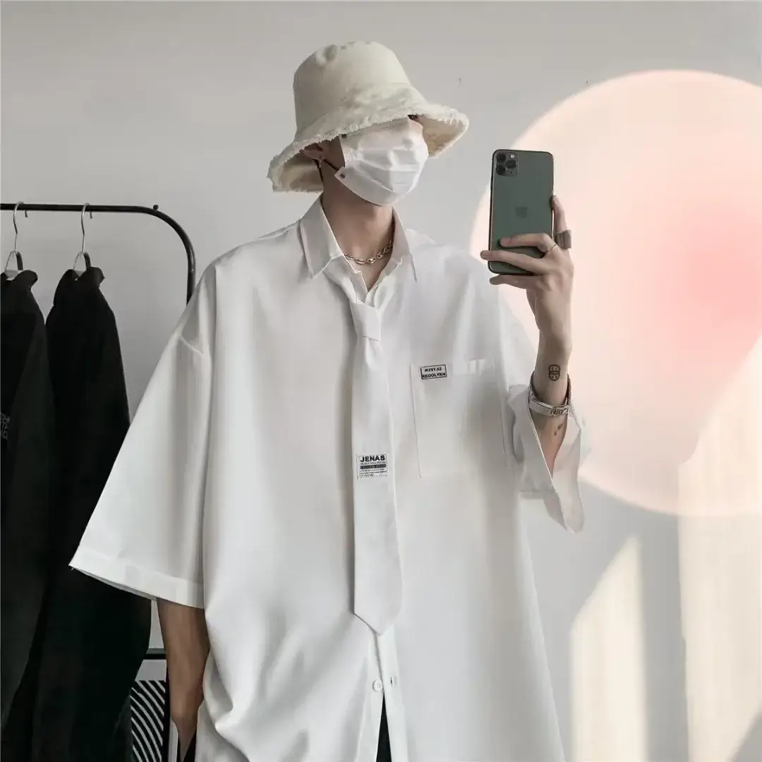 White Japanese Style Half Sleeve Shirt for Men - Image 6