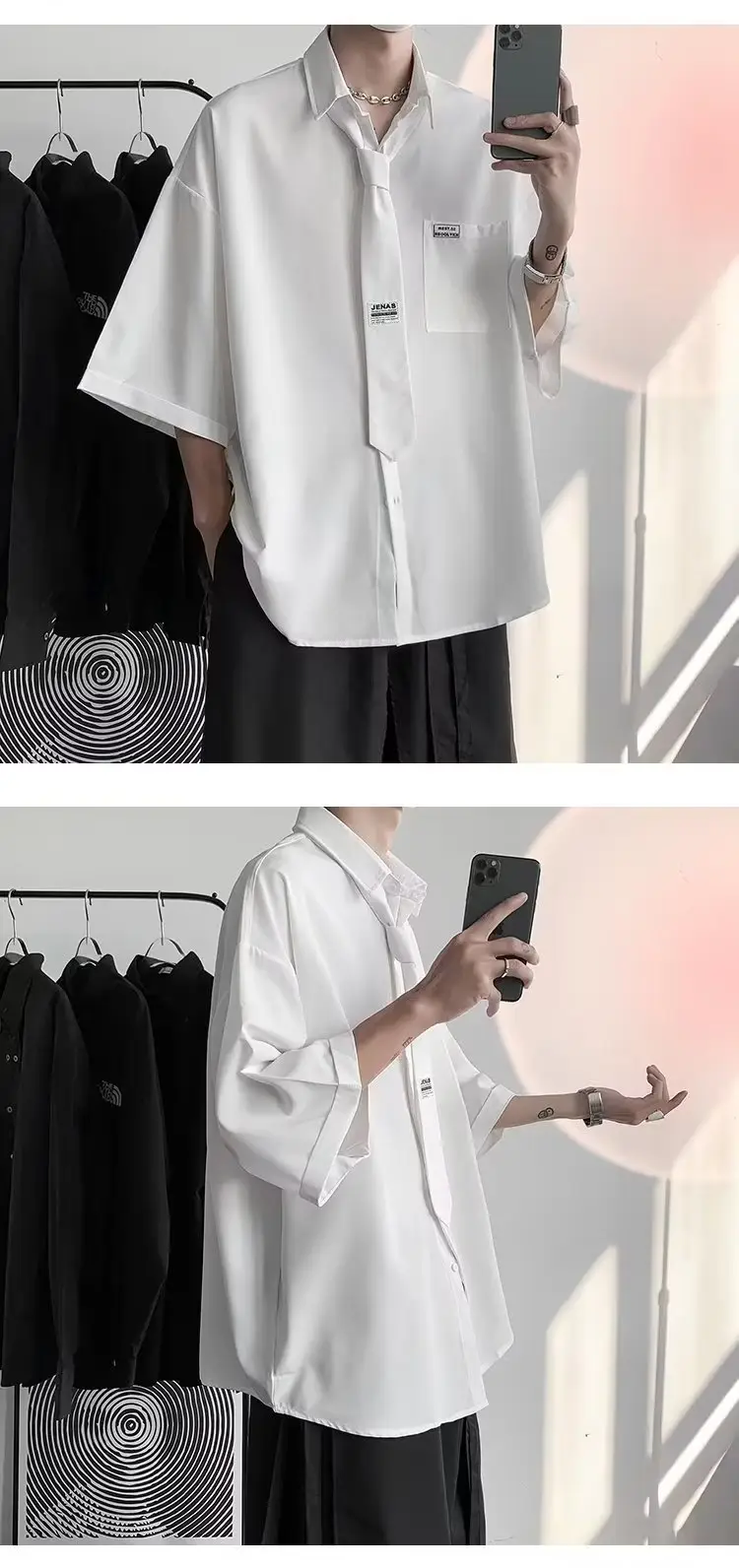 White Japanese Style Half Sleeve Shirt for Men — feature 4