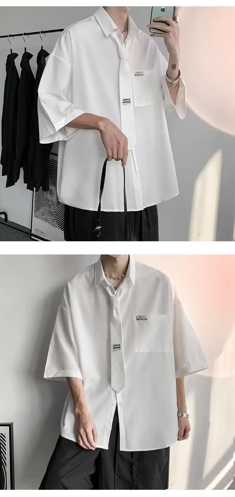 White Japanese Style Half Sleeve Shirt for Men — feature 8
