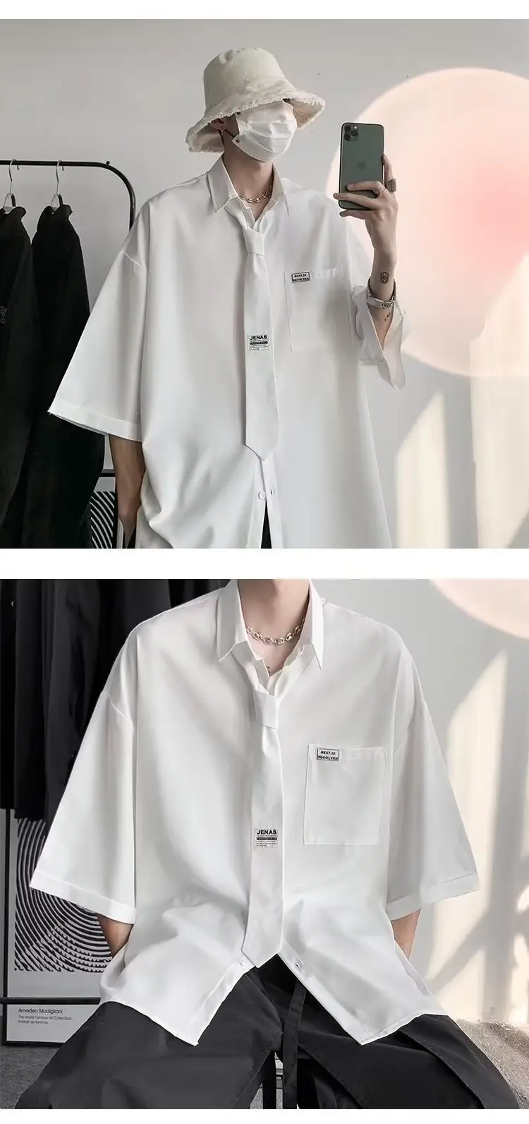 White Japanese Style Half Sleeve Shirt for Men — feature 9