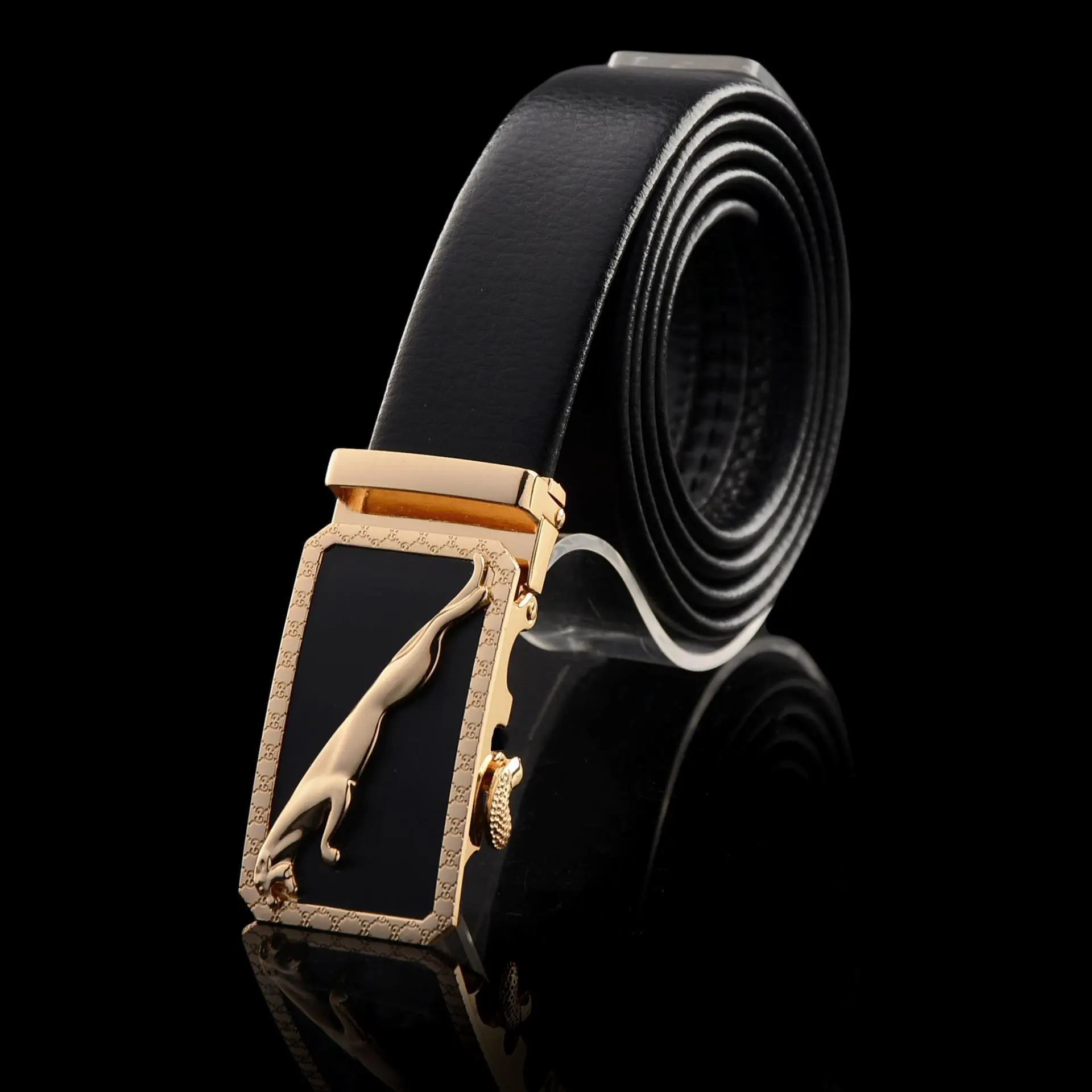 Black Leather Belt with Leopard Alloy Buckle - Image 5