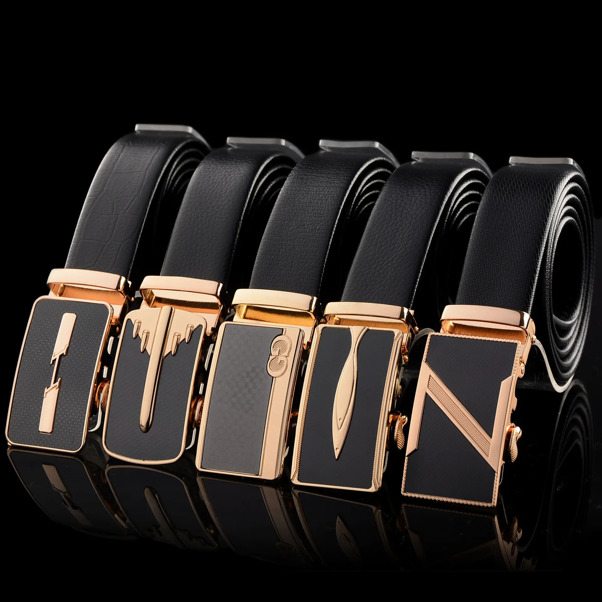 Men's Leather Belt with Automatic Buckle & Rose Gold Finish