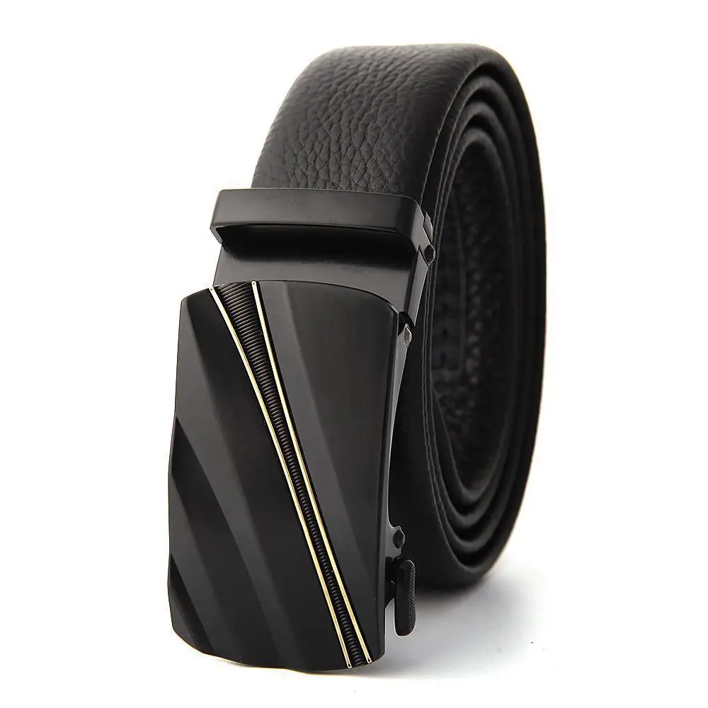 Men's Black Leather Belt with Gold M Buckle
