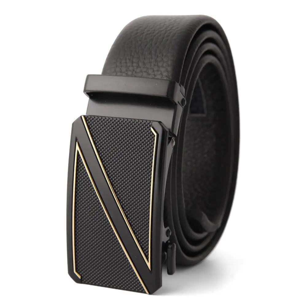 Men's Black Leather Belt with Gold M Buckle - Image 3