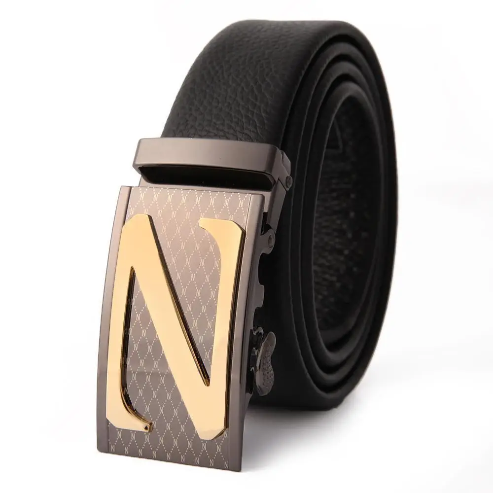 Men's Black Leather Belt with Gold M Buckle - Image 30