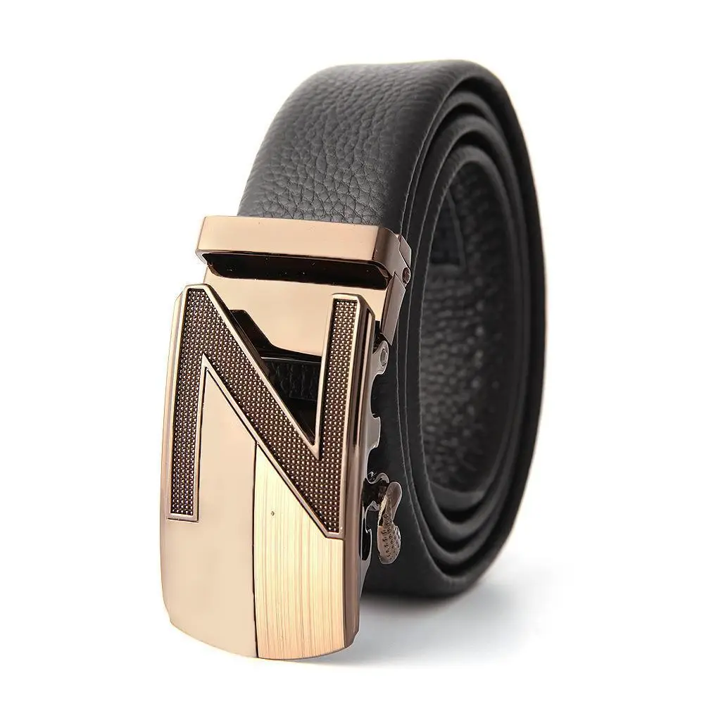 Men's Black Leather Belt with Gold M Buckle - Image 32