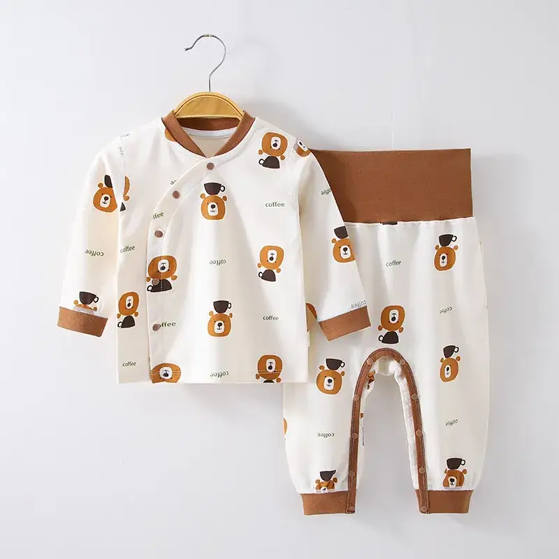 Baby No-Take-Off Pajamas Set White Brown Bear Print - Image 2