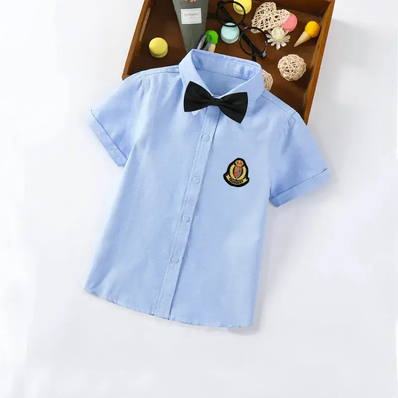 Children's Blue Short Sleeve Shirt Small Medium with Bow Tie - Image 7