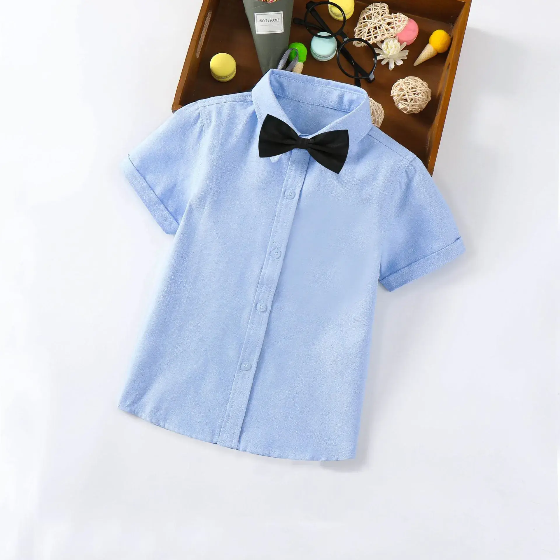 Children's Blue Short Sleeve Shirt Small Medium with Bow Tie - Image 2